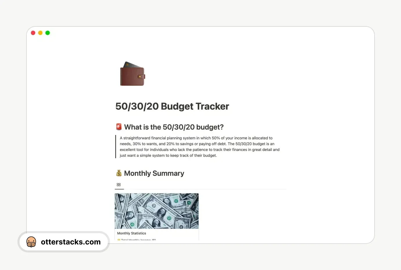 Notion template 50/30/20 budget tracker