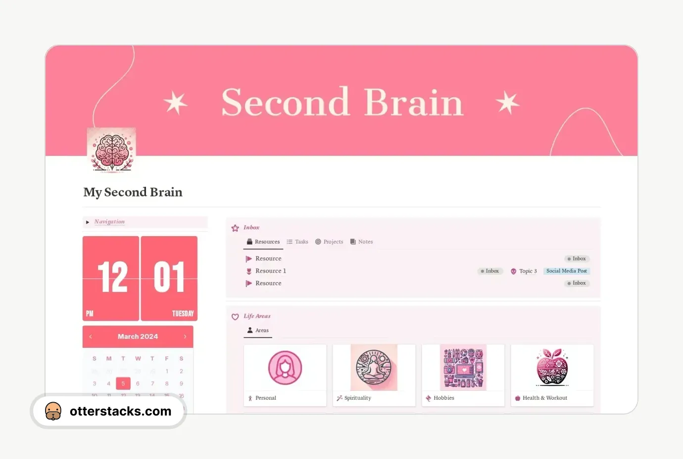 Notion template Aesthetic Pink Second Brain