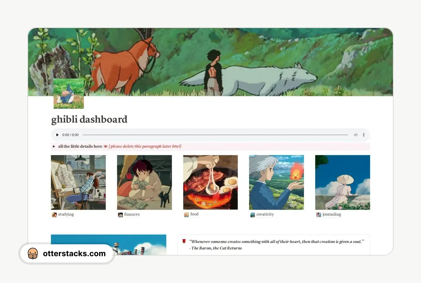 Notion template Studio Ghibli Dashboard