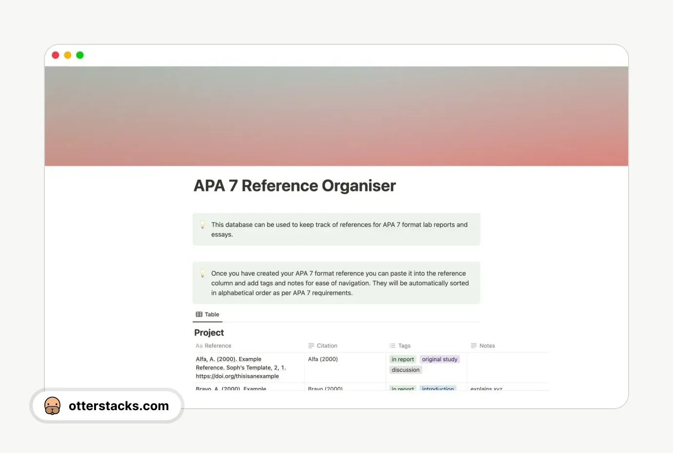 Notion template APA 7 Reference Organiser