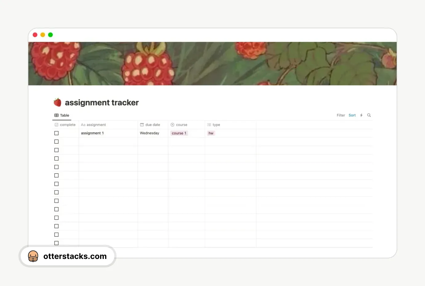 Notion template berry sweet assignment tracker