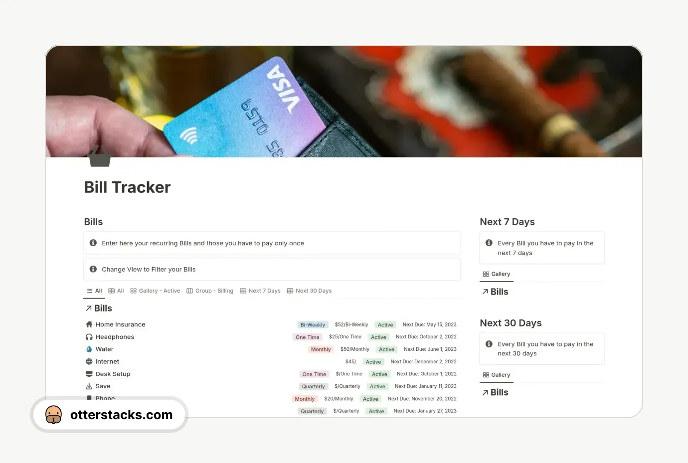 Notion template Bill Tracker