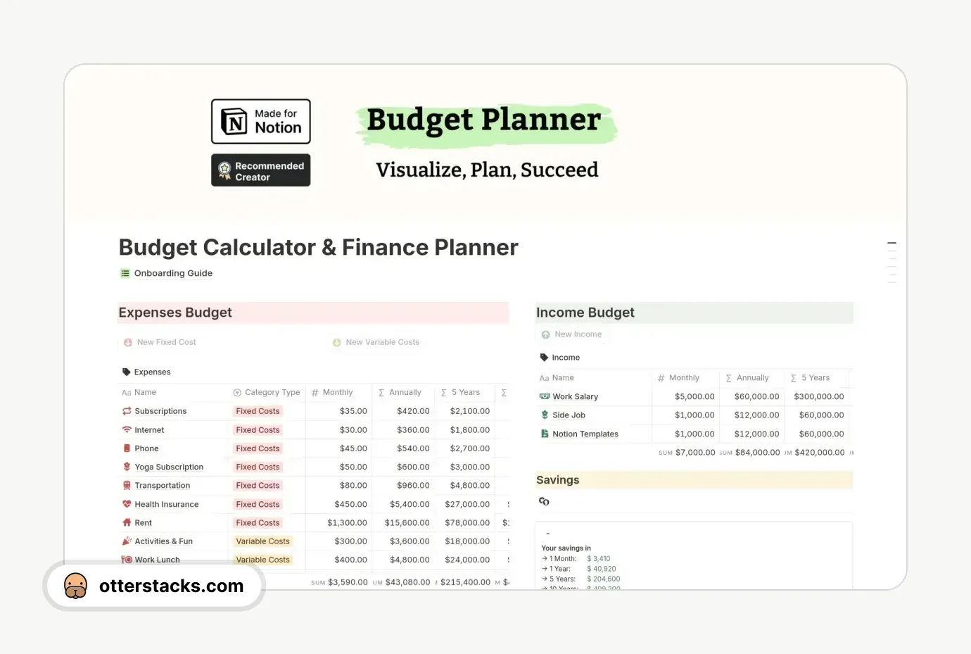 Notion template Budget Calculator & Finance Planner