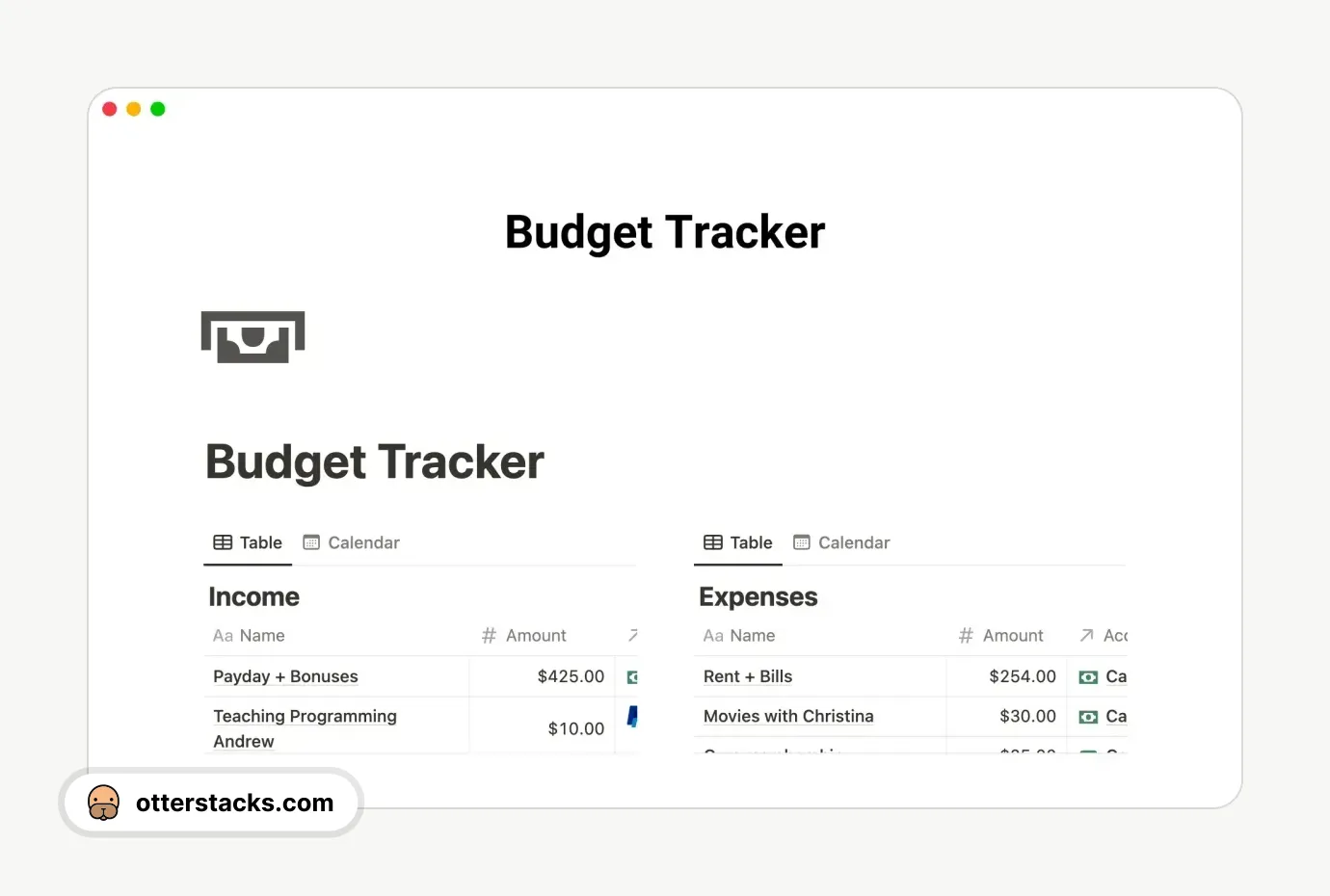 Notion template Budget Tracker