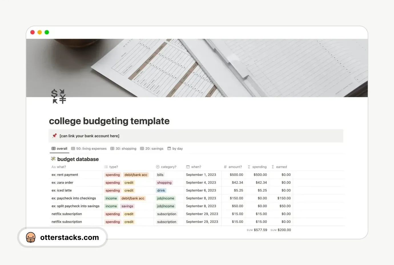 Notion template college budgeting template