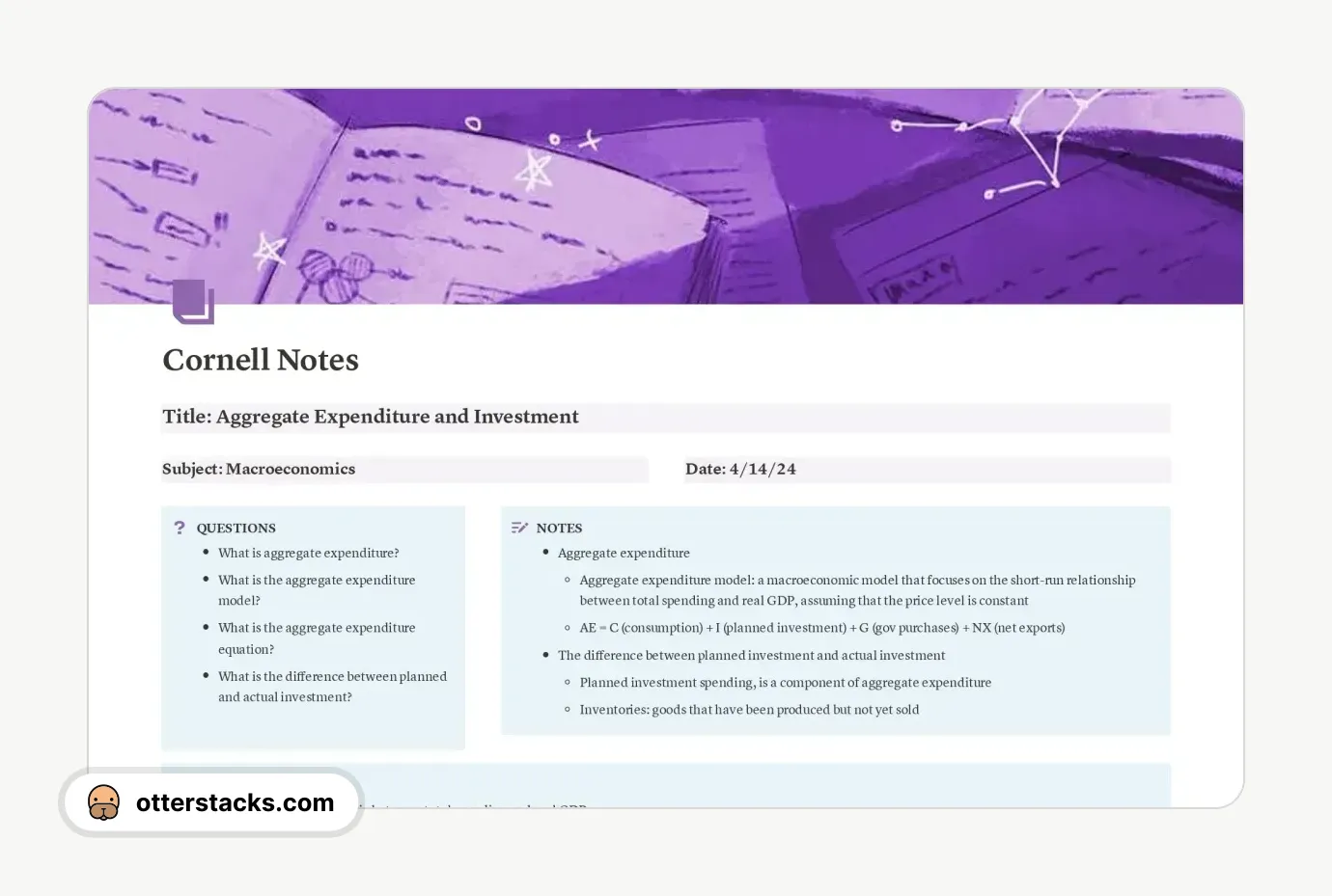 Notion template Cornell Notes