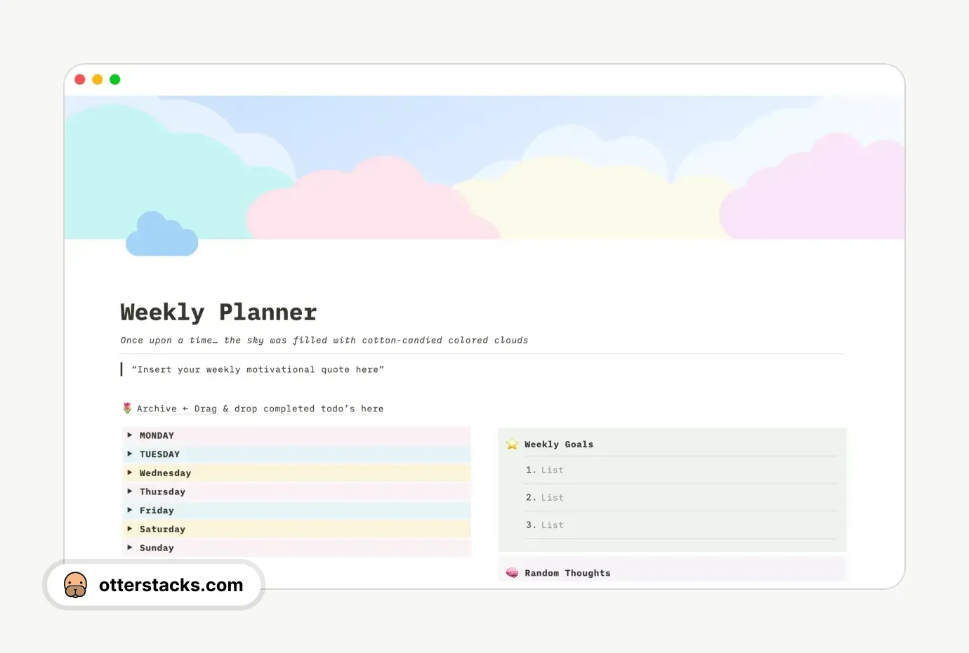 Notion template Cotton Candy Clouds Weekly Planner