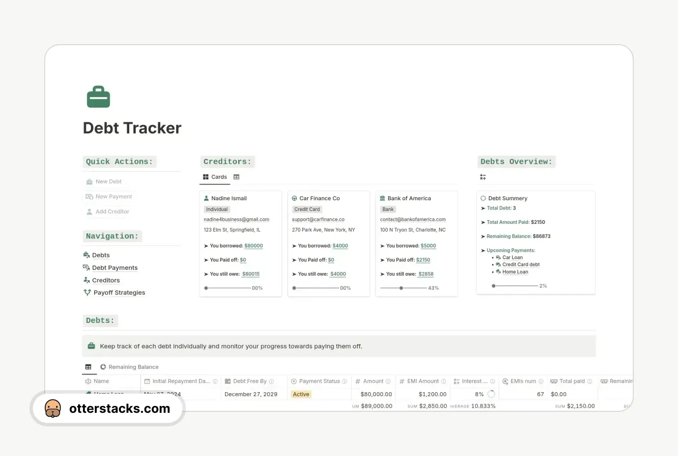 Notion template Debt Tracker