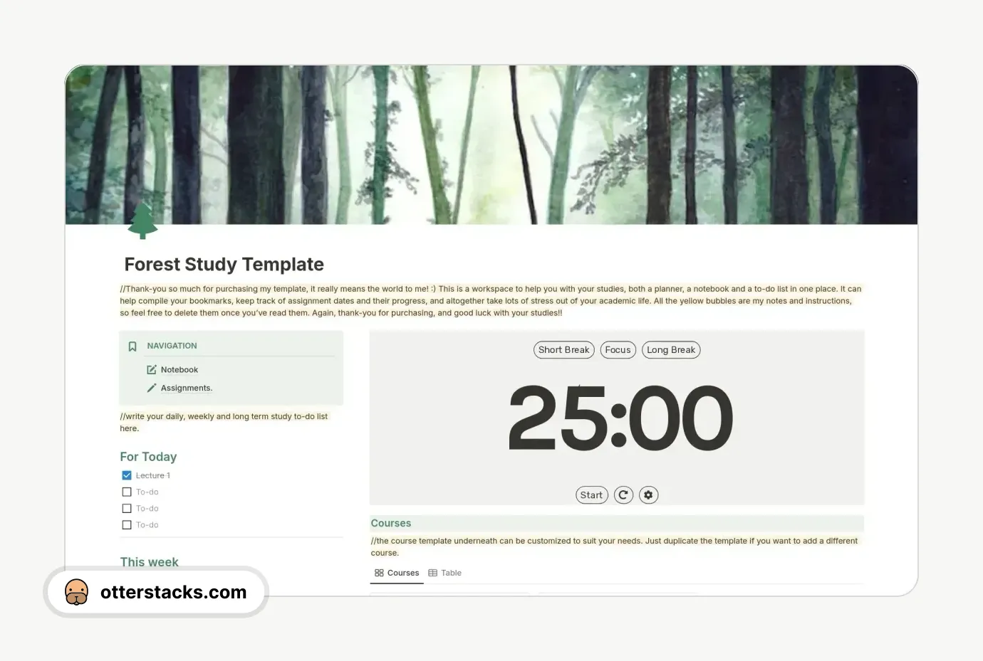 Notion template Forest Aesthetic Study Planner