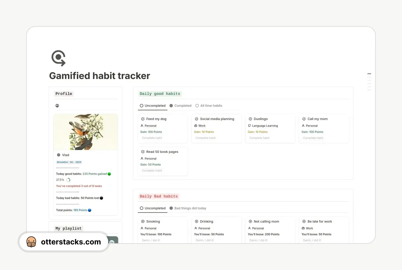 Notion template Gamified Habit Tracker