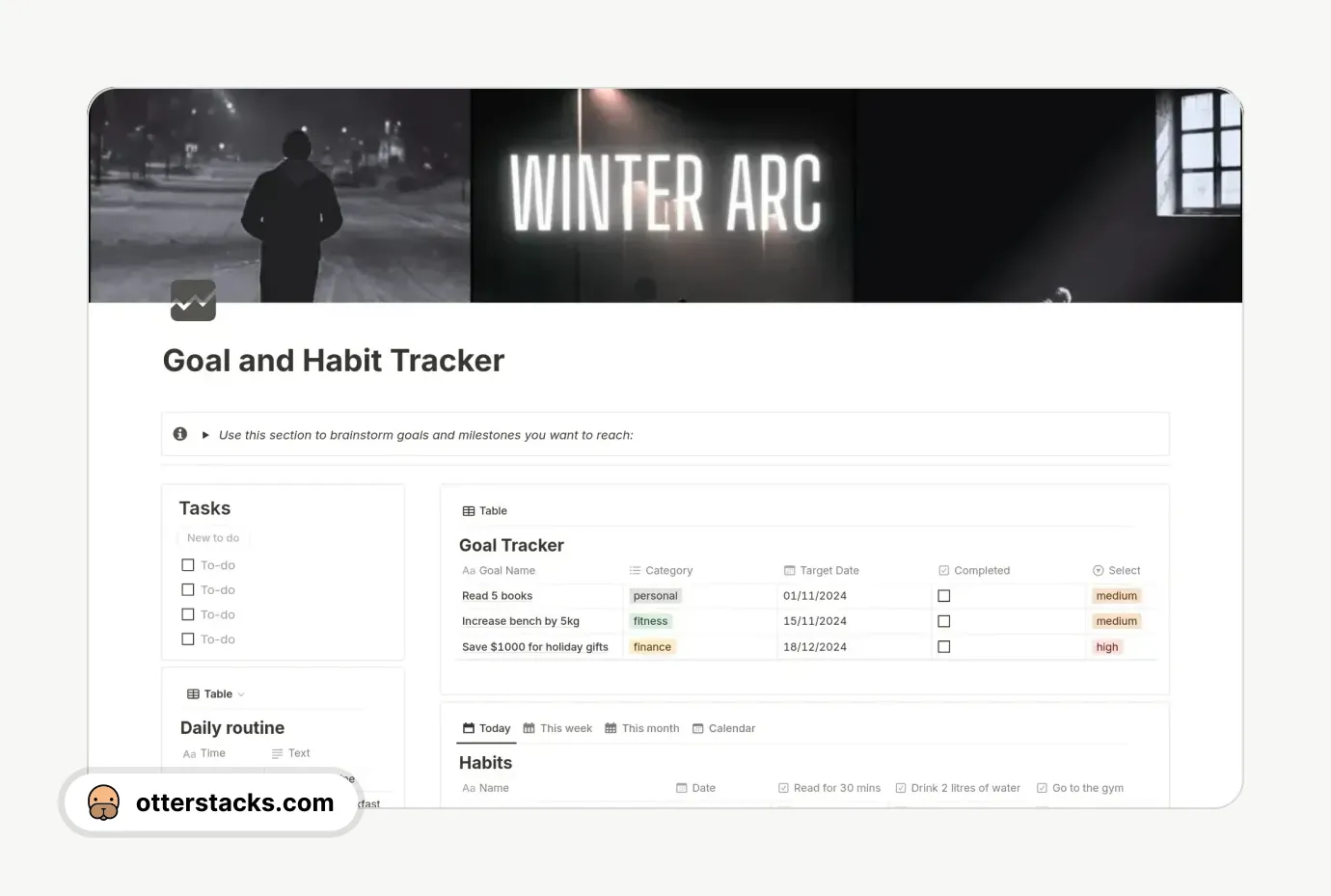 Notion template Goal and Habit tracker (winter arc edition)