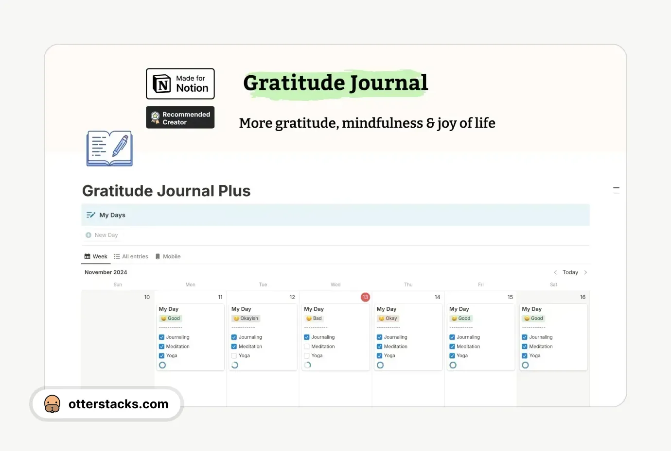 Notion template Gratitude journal Pro