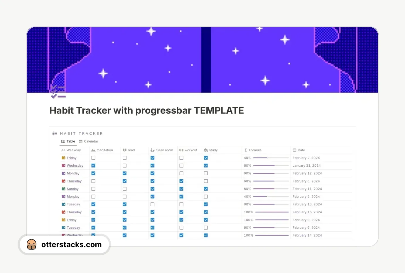 Notion template Habit Tracker with Progressbar