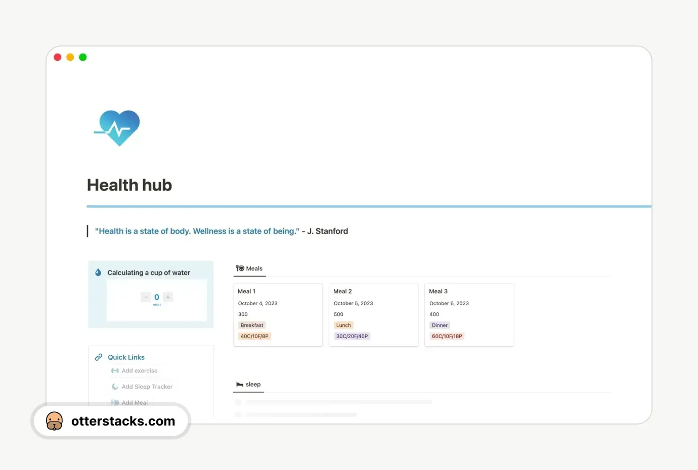 Notion template Health hub