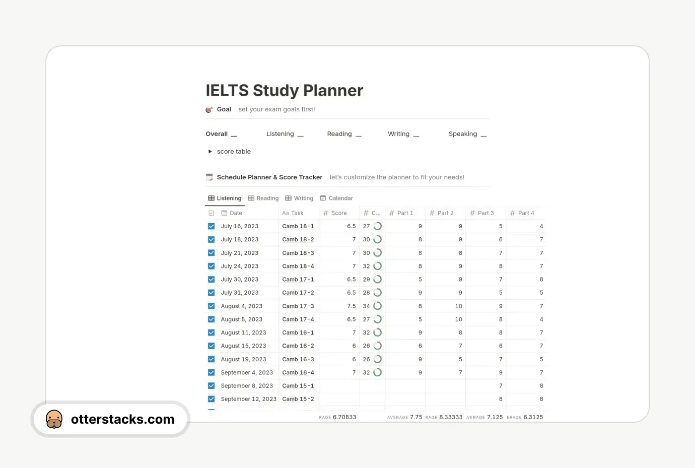 Notion template IELTS Study Planner