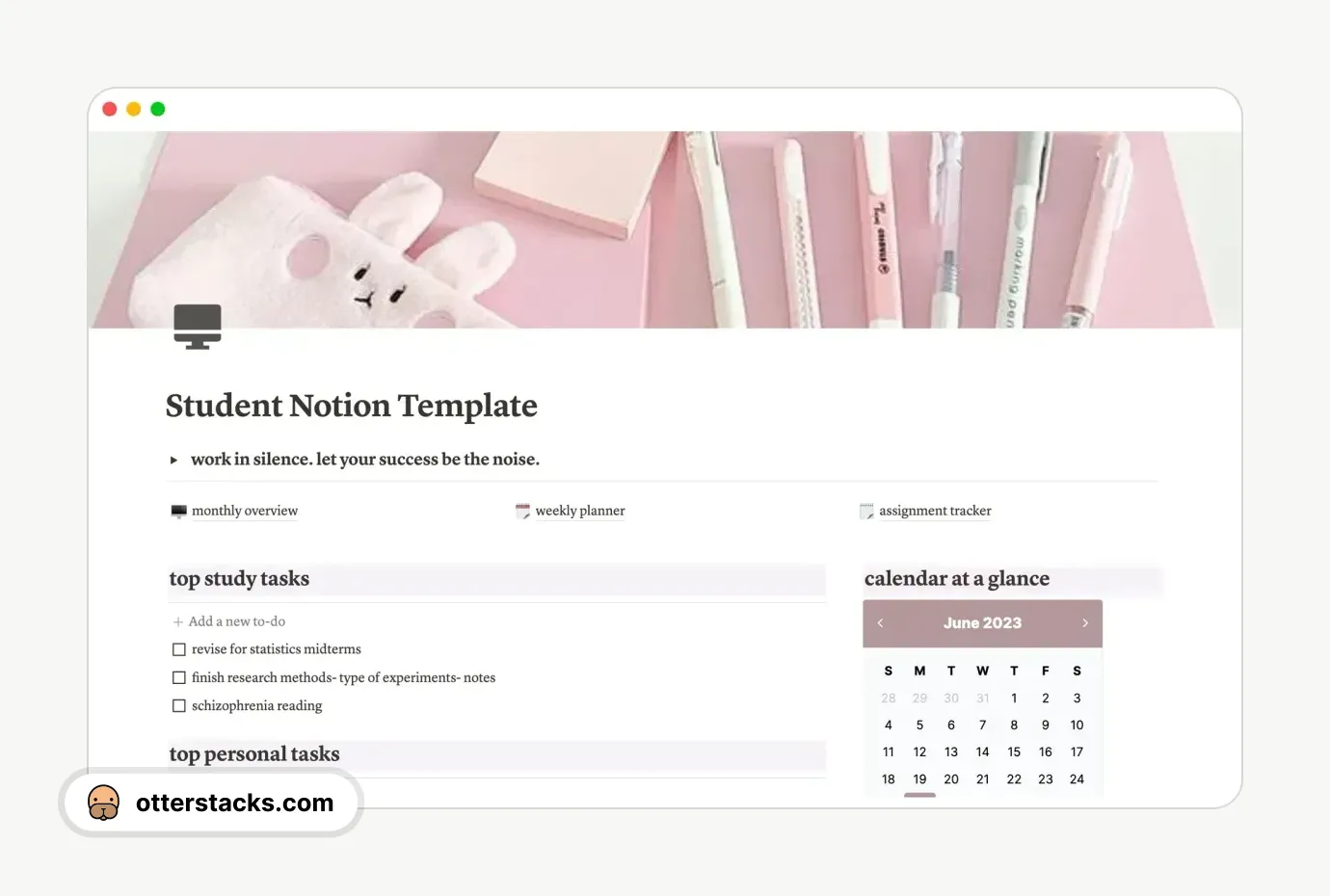 Notion template Kawaii Student Notion Planner Template