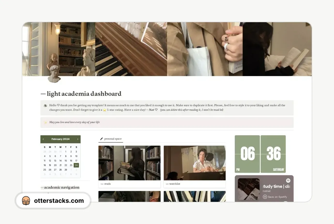Notion template light academia dashboard