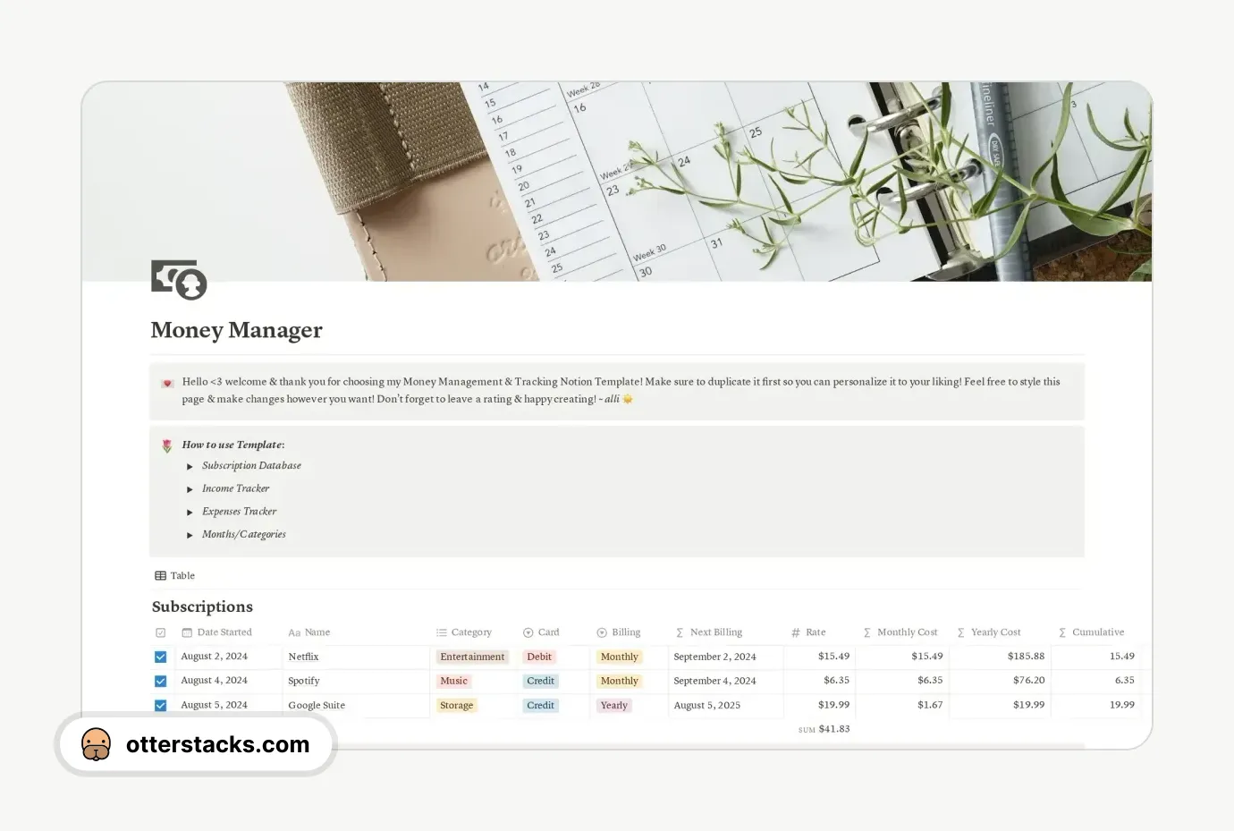 Notion template Money Manager