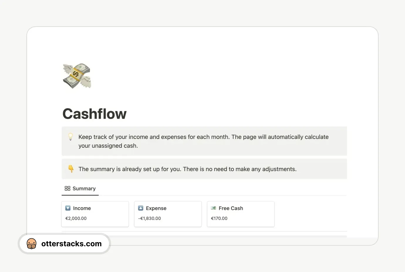 Notion template Monthly Cashflow