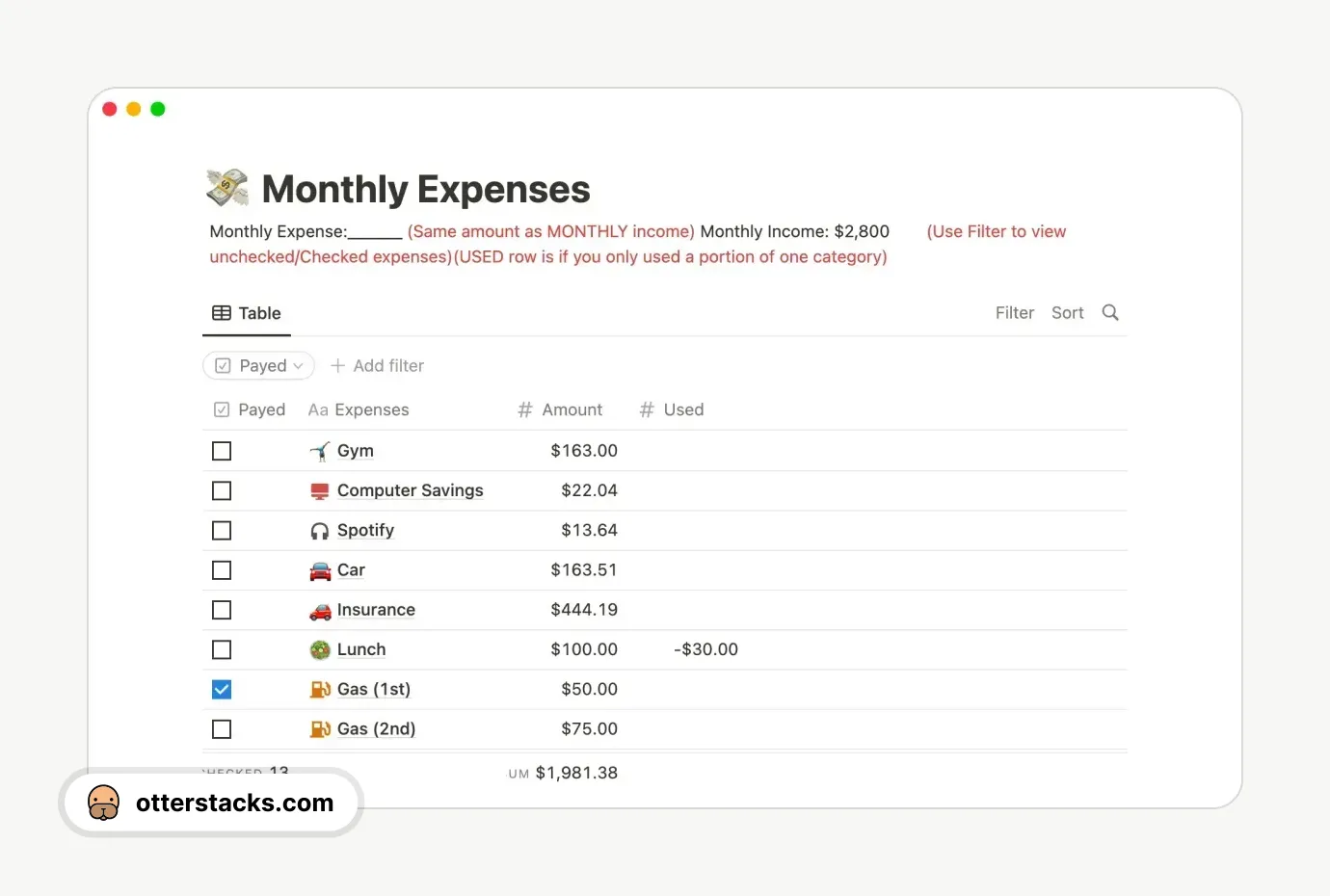 Notion template Monthly Expenses