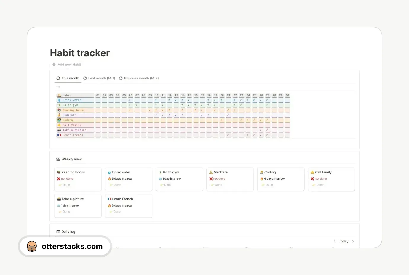 Notion template Monthly Habit Tracker / Daily Tracking