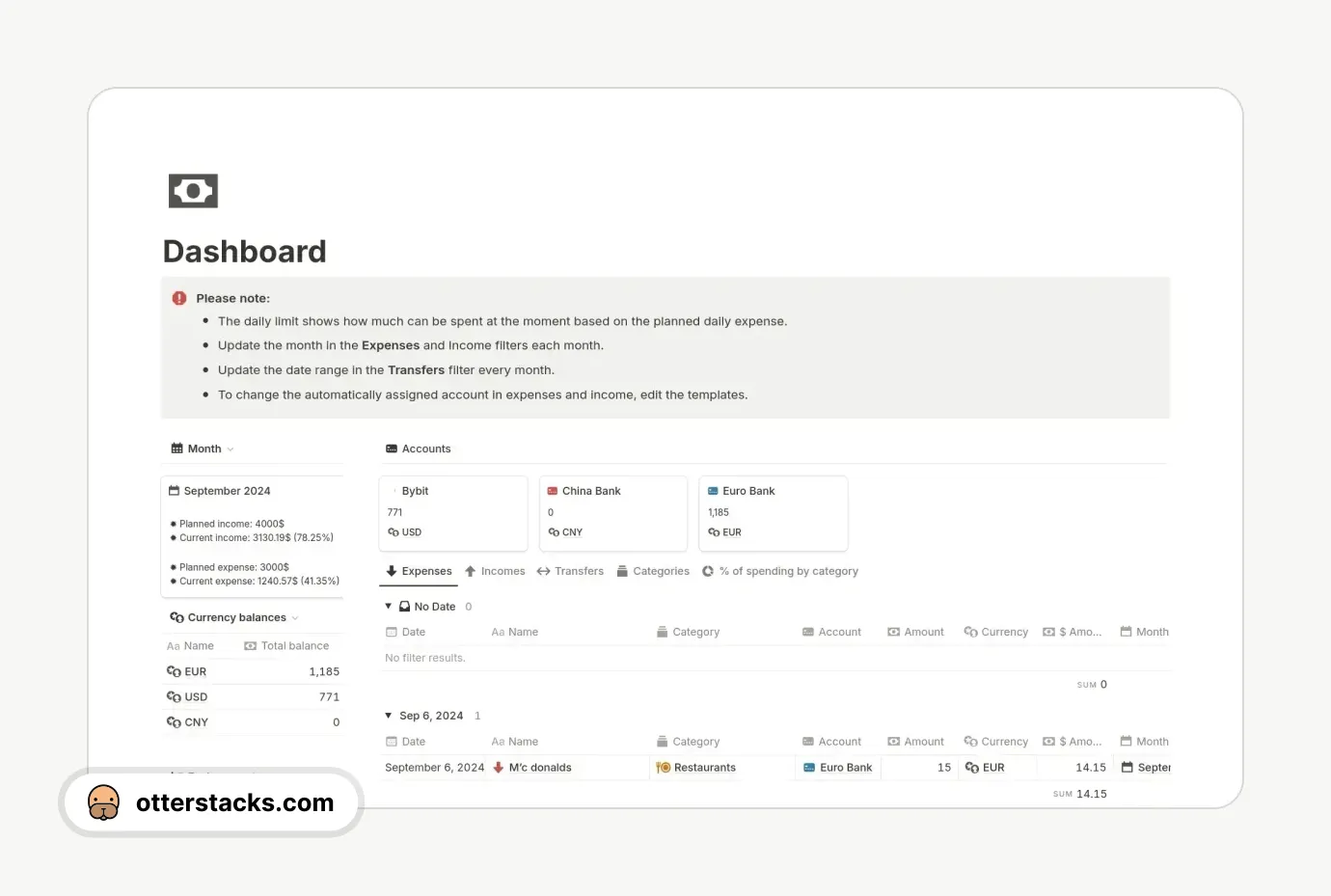 Notion template Multi-currency Finance Tracker