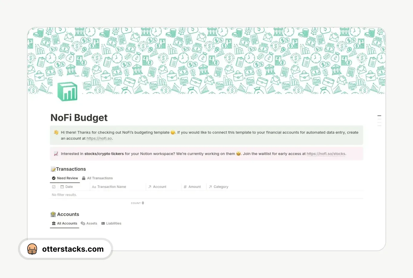 Notion template NoFi - Personal Finance and Budgeting With Automated Data Entry