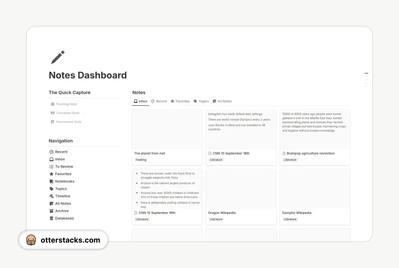 Notion template Notes dashboard