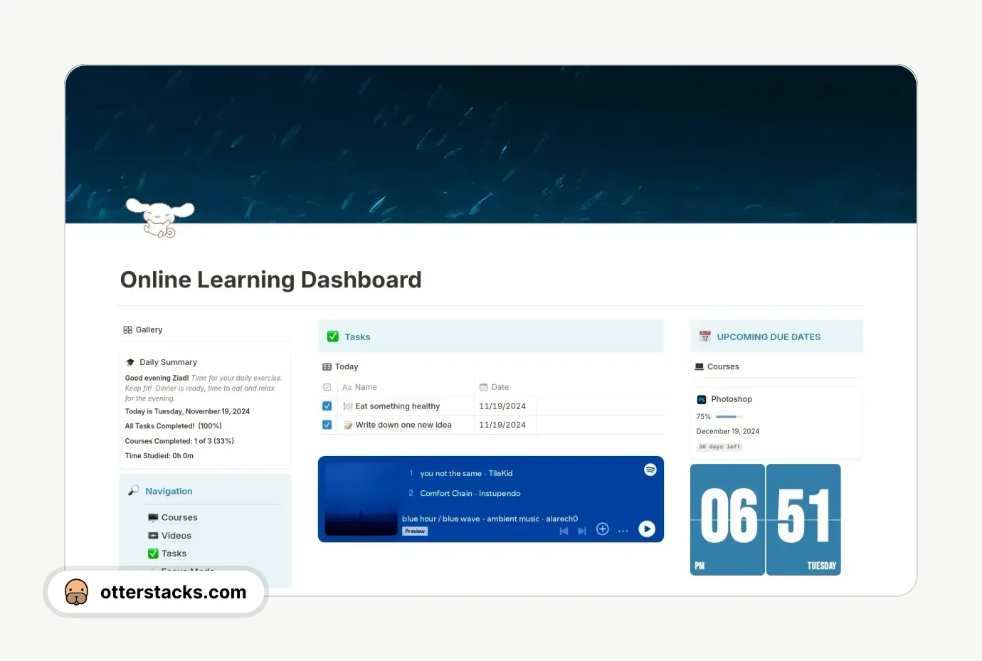 Notion template Online Learning Dashboard