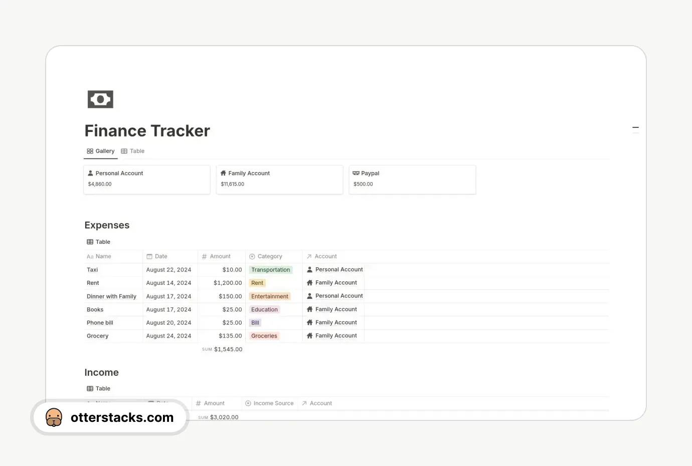 Notion template Personal Expense Tracker