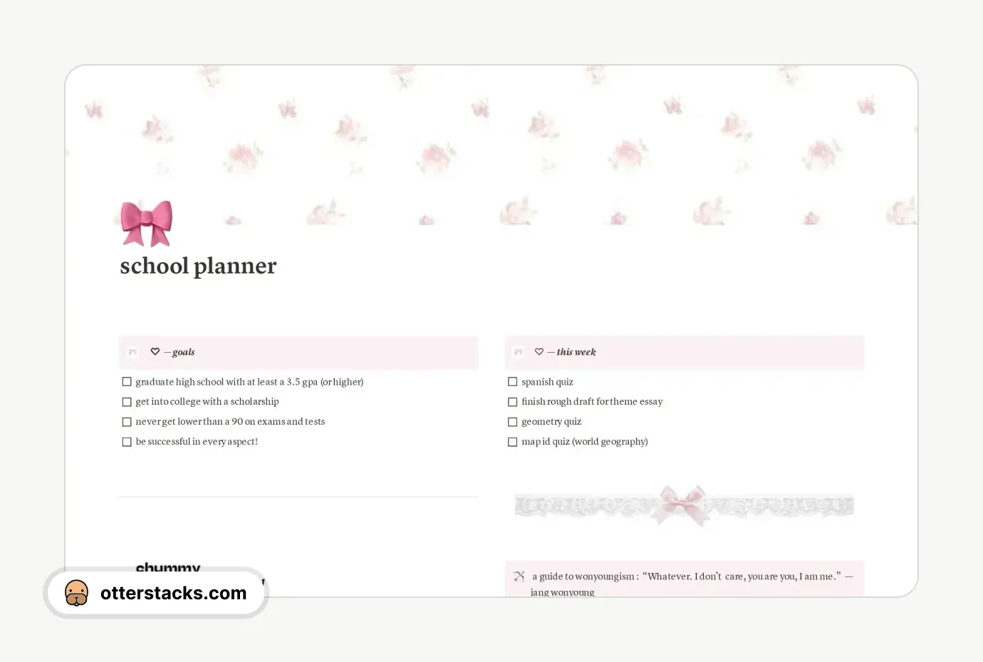 Notion template pink coquette school planner