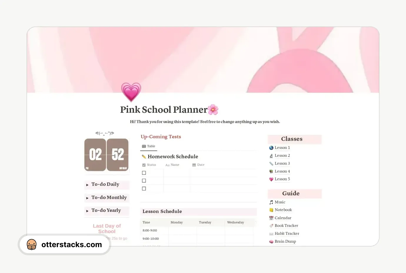 Notion template Pink School Planner