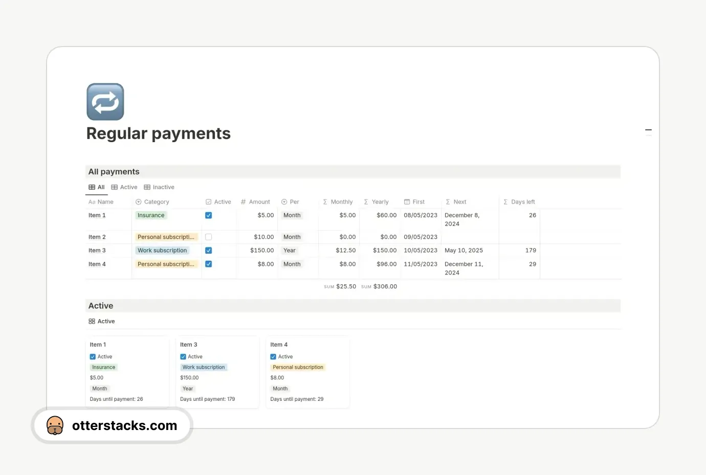 Notion template Regular payments