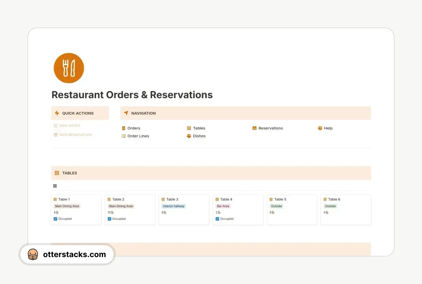 Notion template Restaurant Orders & Reservations