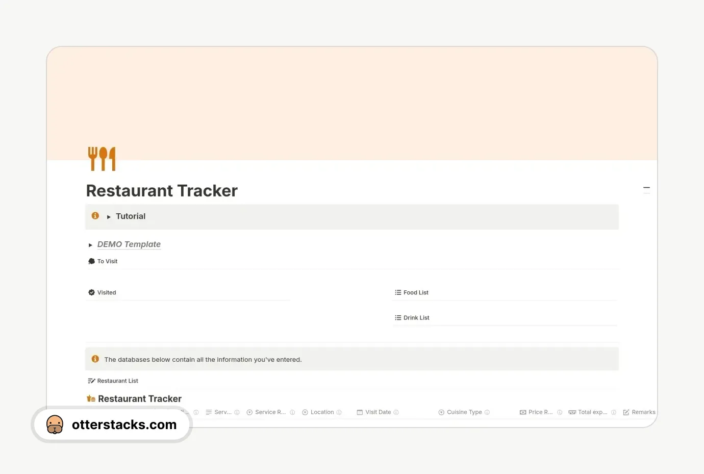 Notion template Restaurant Tracker