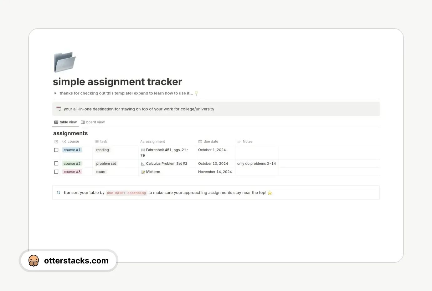 Notion template simple assignment tracker