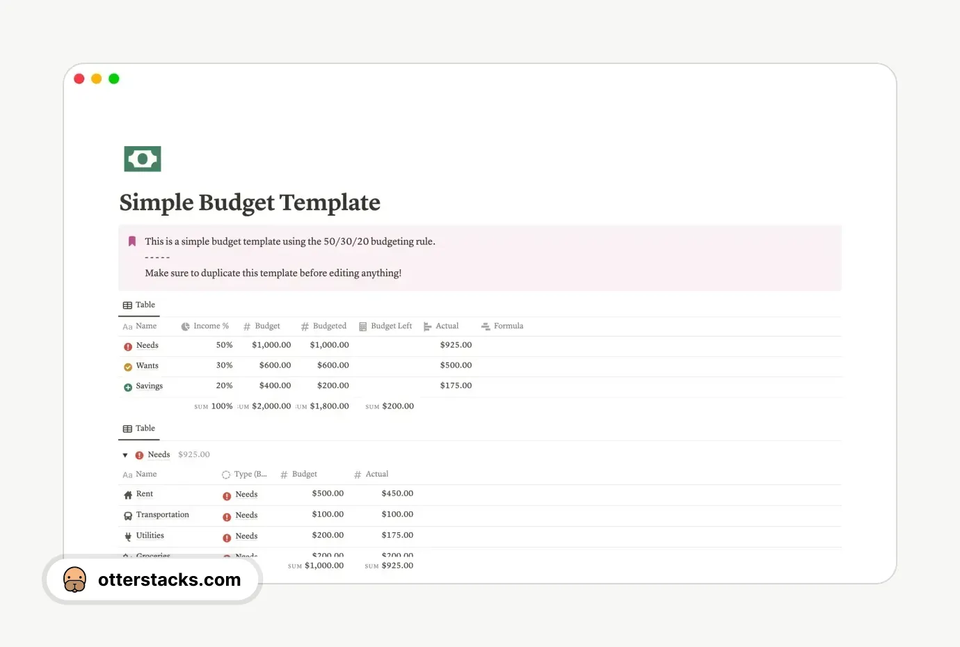 Notion template Simple Budgeting