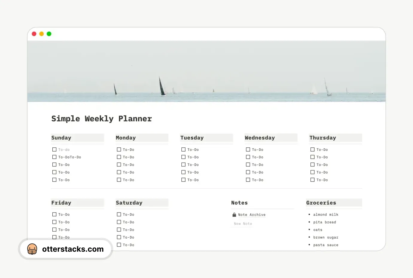 Notion template Simple Weekly Planner