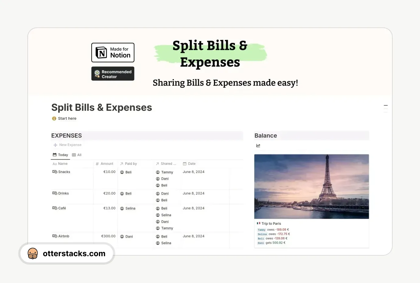 Notion template Split Bills & Expenses