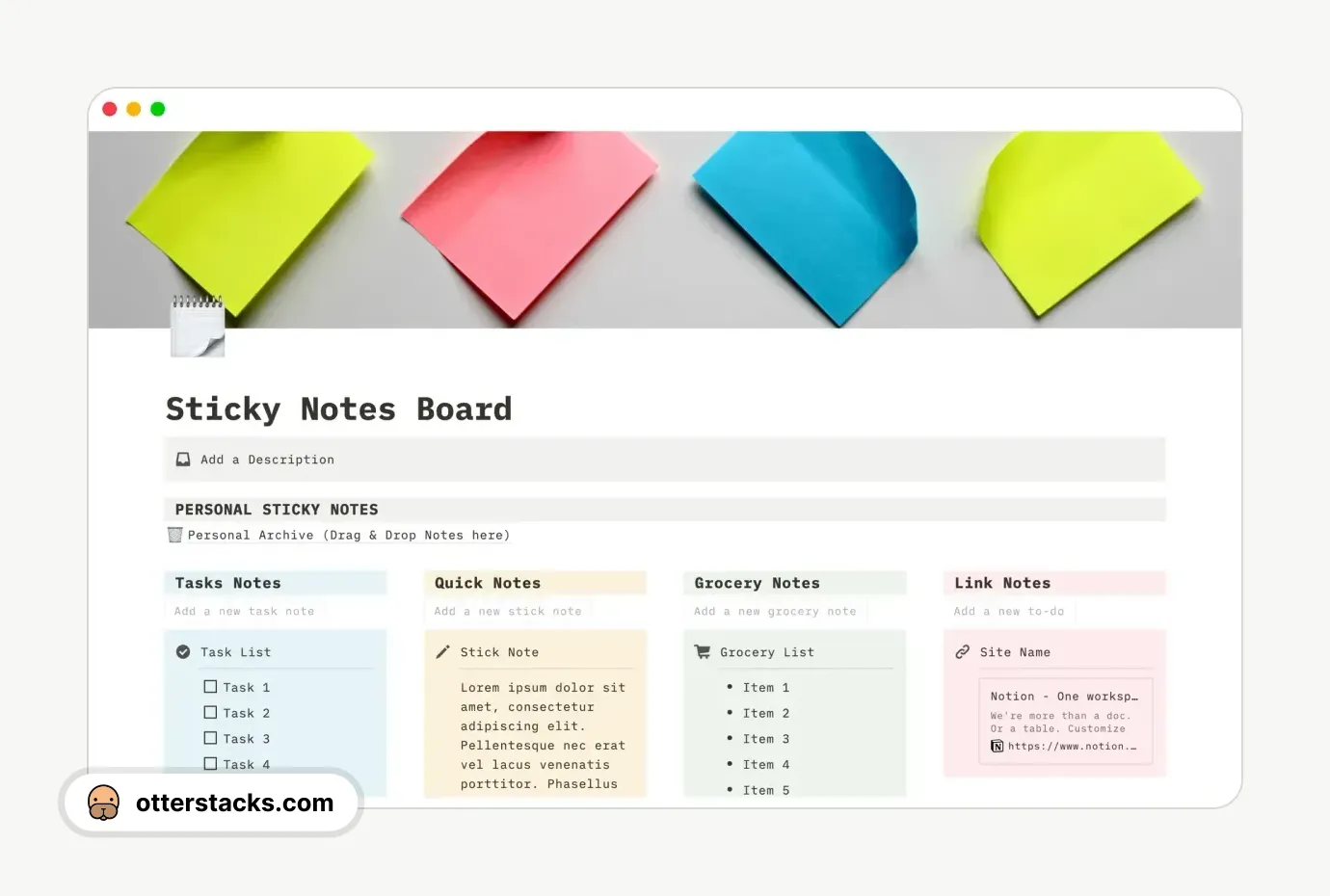 Notion template Sticky Notes Board