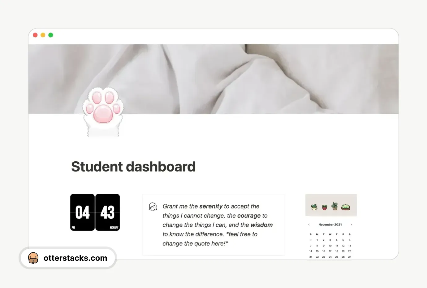 Notion template Janice Studies' student dashboard