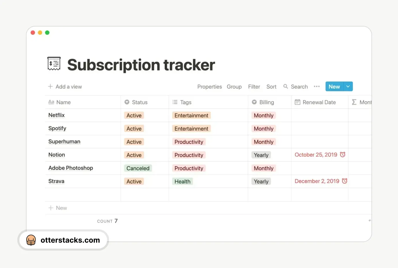 Notion template Subscription tracker