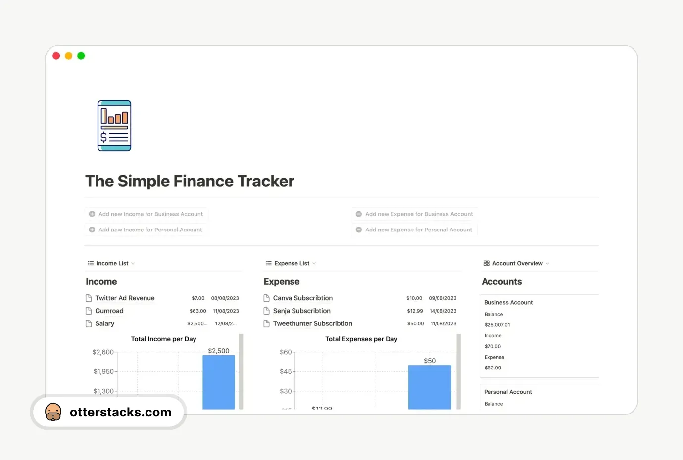 Notion template The Simple Finance Tracker