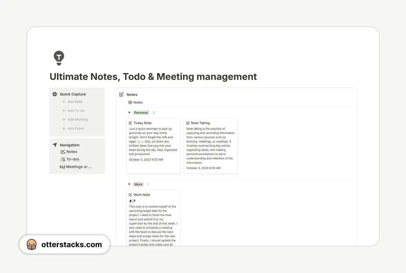 Notion template Ultimate Notes, Todo & Meeting management