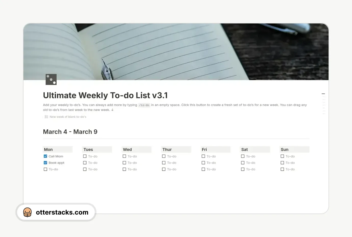 Notion template Ultimate Weekly To-do List v3.1