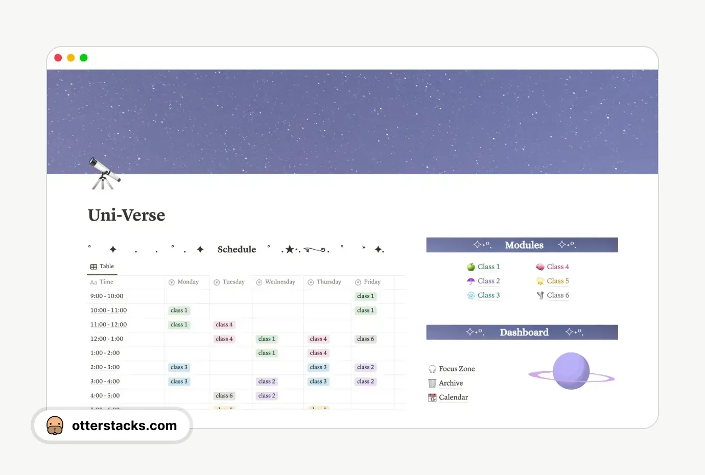 Notion template Uni-Verse: The Student Template