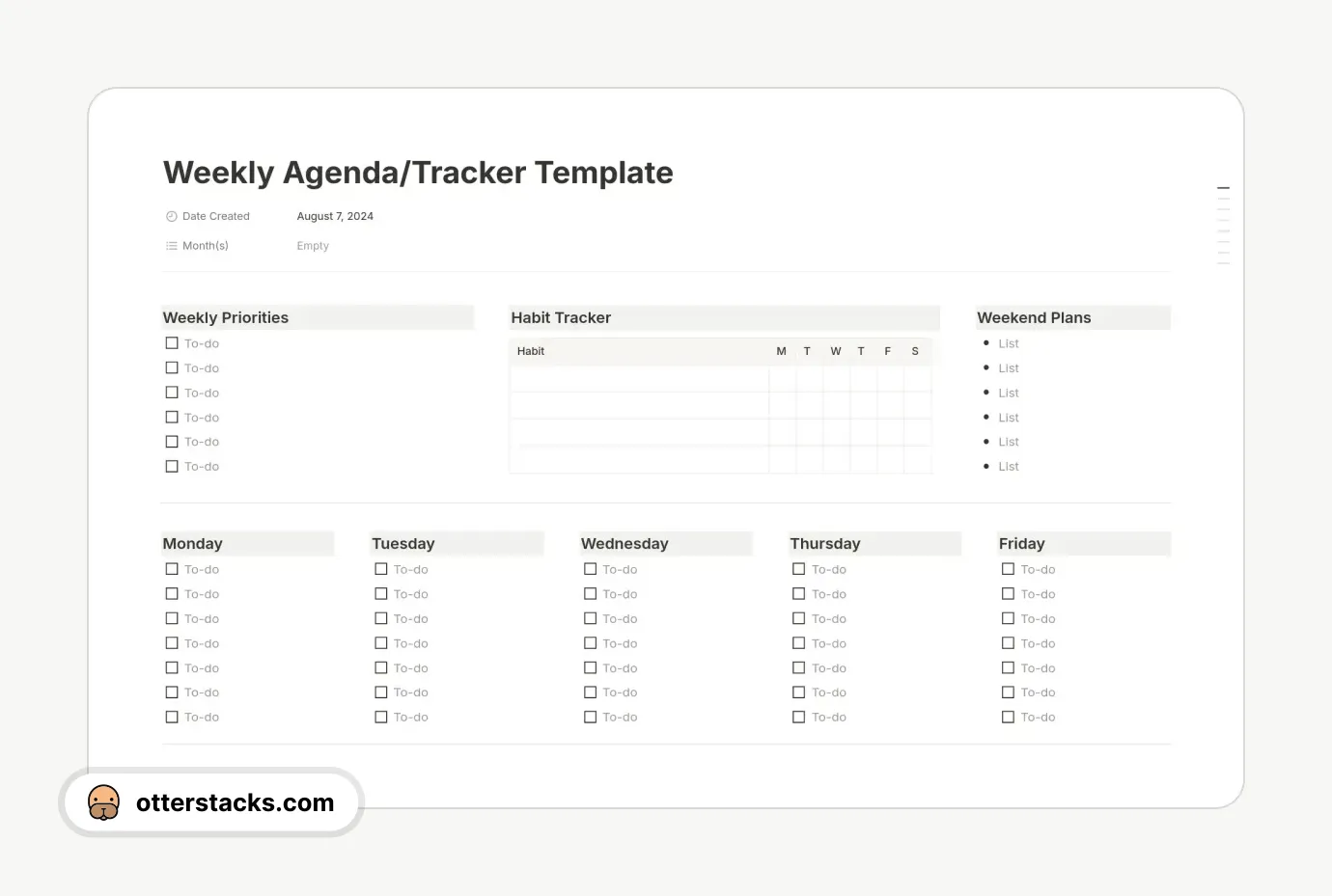 Notion template Weekly Agenda/Tracker