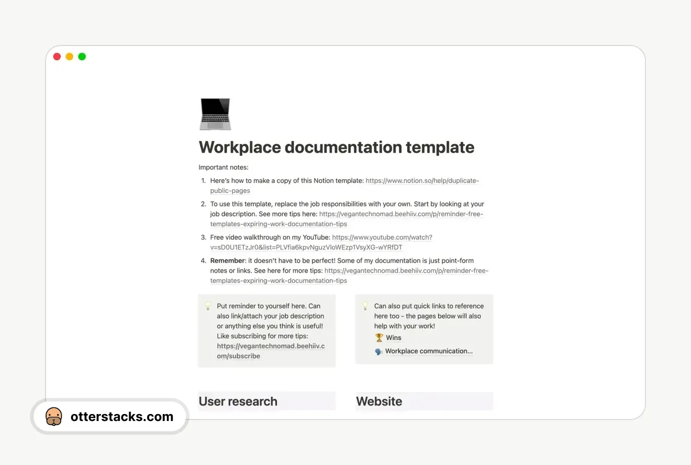 Notion template Workplace documentation