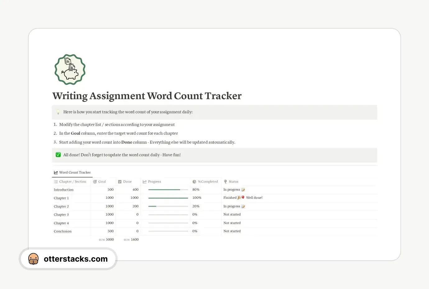 Notion template Writing Assignment Word Count Tracker